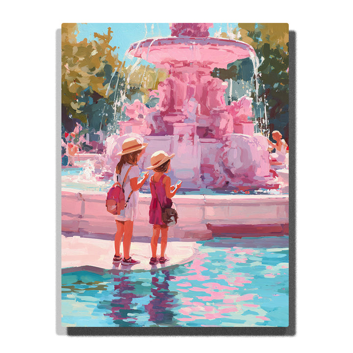 Two children looking at a pink fountain beside a turquoise pool with straw hats, water reflections, leafy garden background, and sunny storybook mood, paint by numbers by PaintEasy