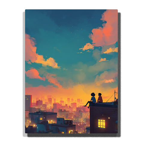 Two children watching sunset from a rooftop with glowing city skyline, teal evening sky, peach clouds, warm windows, and dreamy urban story mood, paint by numbers by PaintEasy