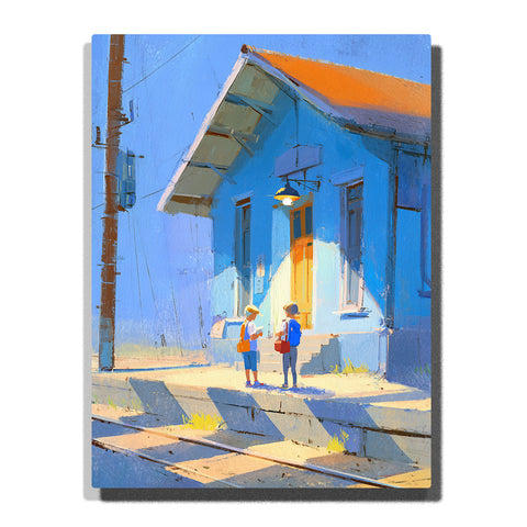 Two children standing outside a bright blue house with orange roof, white steps, hanging lamp, sunlit doorway, and cheerful neighborhood story mood, paint by numbers by PaintEasy