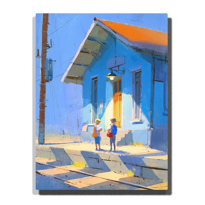 Two children standing outside a bright blue house with orange roof, white steps, hanging lamp, sunlit doorway, and cheerful neighborhood story mood, paint by numbers by PaintEasy