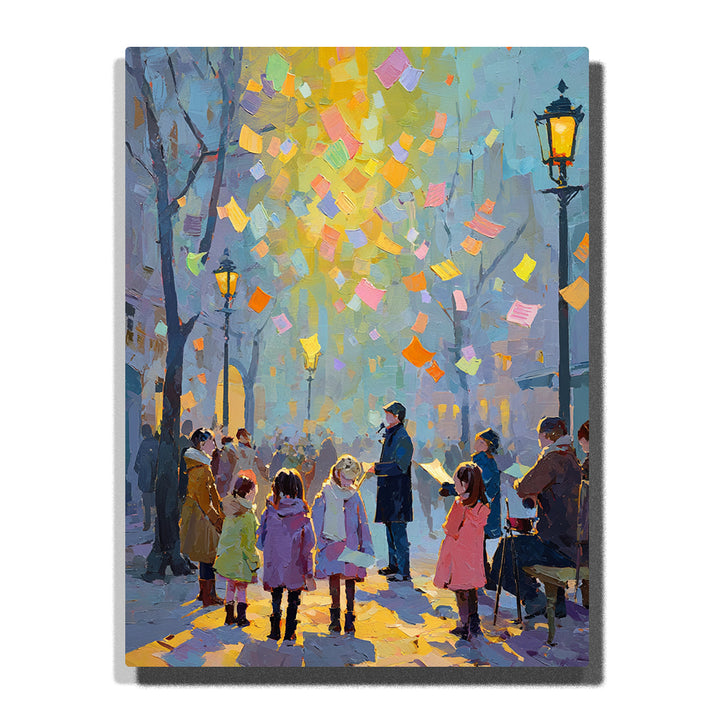 Children watching colorful paper confetti under glowing street lamps with blue-gray evening mist, tree branches, soft shadows, and festive story mood, paint by numbers by PaintEasy