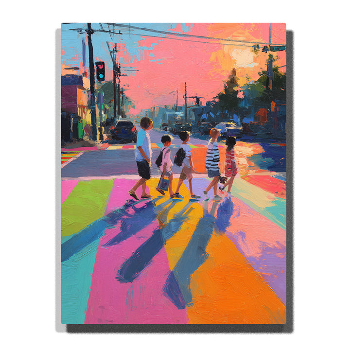 Children crossing a rainbow-colored street at sunset with long shadows, traffic lights, bright pavement blocks, city background, and cheerful story mood, paint by numbers by PaintEasy
