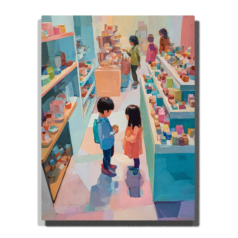 Two children choosing toys in a bright store aisle with colorful shelves, pastel floor shadows, display tables, small boxes, and playful shopping mood, paint by numbers by PaintEasy