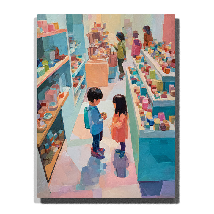 Two children choosing toys in a bright store aisle with colorful shelves, pastel floor shadows, display tables, small boxes, and playful shopping mood, paint by numbers by PaintEasy