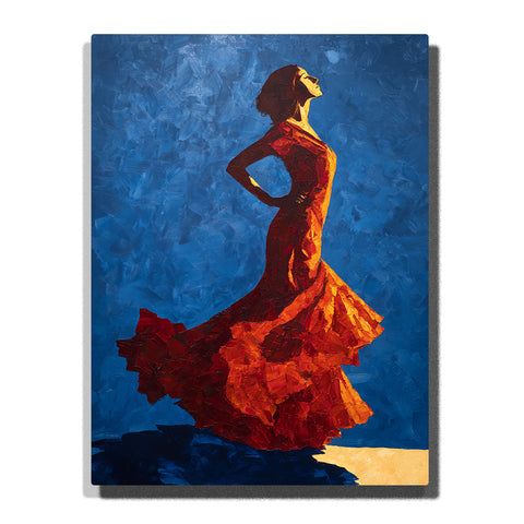 Woman in flowing red dress in dynamic side-profile pose against textured blue background, expressive portrait Paint by Numbers wall art.