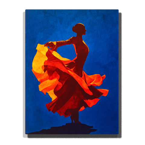 Silhouette of a dancer in flowing red and orange dress with arms extended against a textured blue background, dynamic portrait Paint by Numbers wall art.