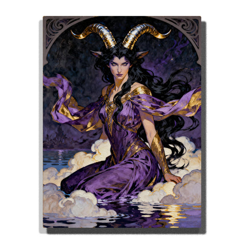 Capricorn sea goat goddess with golden horns in purple flowing dress surrounded by water and mist, mystical zodiac symbolism