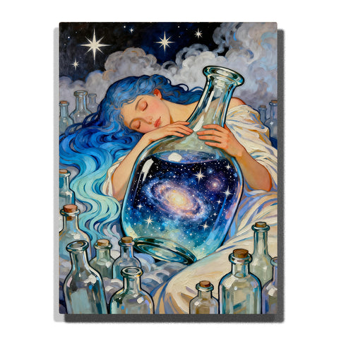 Aquarius water bearer woman holding glass vessel filled with galaxy and stars surrounded by bottles and night sky