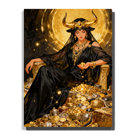 Taurus golden bull goddess surrounded by coins and jewelry with radiant halo, symbol of wealth and abundance
