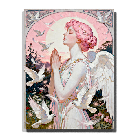 Virgo maiden angel with pink hair praying surrounded by white doves and soft pastel sky, symbol of purity and serenity