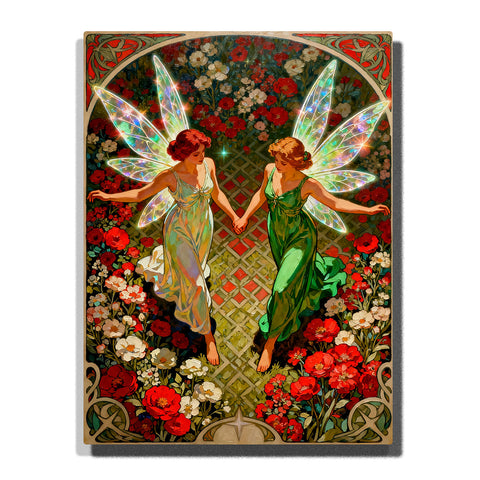 Gemini twin fairy women holding hands surrounded by red and white flowers with glowing wings and symmetrical composition