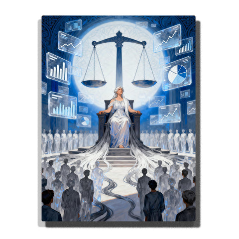 Libra zodiac goddess seated beneath scales with glowing blue charts and celestial background, symbolic balance and justice