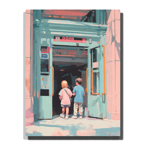Two children entering a teal subway doorway with pink exterior walls, glass panels, warm sunlight, dark station interior, and gentle city adventure mood, paint by numbers by PaintEasy
