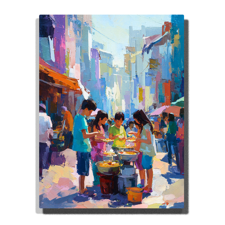 Children choosing food at a bright street market with colorful buildings, food trays, umbrellas, sunny pavement, and lively city story mood, paint by numbers by PaintEasy
