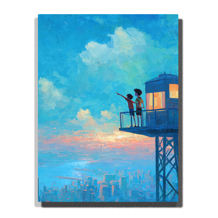 Two children pointing from a high lookout tower with blue sky, soft clouds, glowing cabin windows, distant city horizon, and airy adventure mood, paint by numbers by PaintEasy