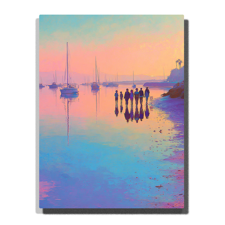 Children standing by a pastel harbor at sunset with sailboats, soft water reflections, peach sky, lavender shoreline, and peaceful seaside story mood, paint by numbers by PaintEasy
