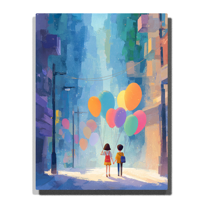 Two children walking with colorful balloons through a blue city street with tall buildings, misty light, soft shadows, and dreamy urban story mood, paint by numbers by PaintEasy