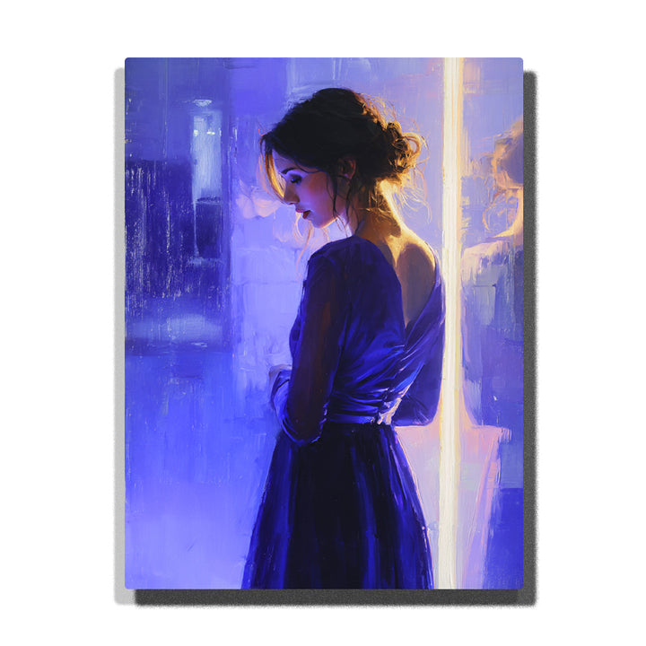 Side-profile woman in blue dress beside violet mirror light with reflected figure, golden glow, dark updo hair, and portrait paint by numbers wall art.