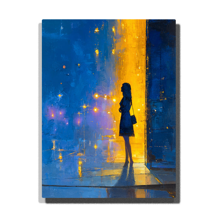 Silhouette woman beside golden city light with blue night reflections, wet pavement, glowing street points, long shadow, and urban paint by numbers wall art.