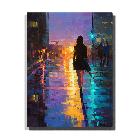 Silhouette woman walking on neon rainy city street with gold, purple, teal, and blue pavement reflections paint by numbers wall art.