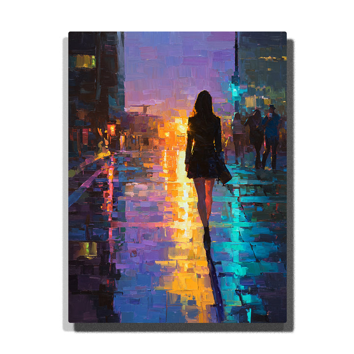 Silhouette woman walking on neon rainy city street with gold, purple, teal, and blue pavement reflections paint by numbers wall art.