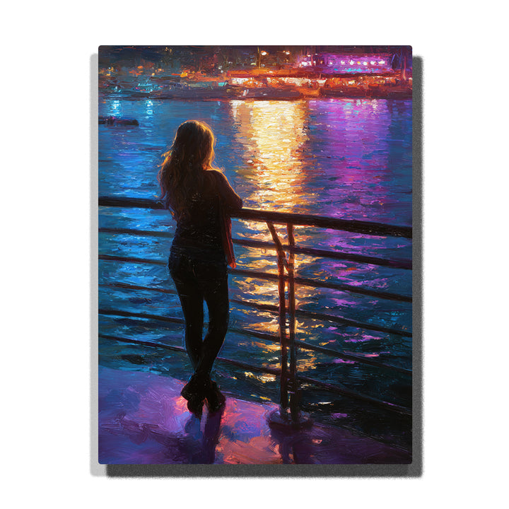 Woman standing by waterfront railing at night with blue-purple water, golden city light reflection, neon shoreline lights, and urban skyline paint by numbers wall art.