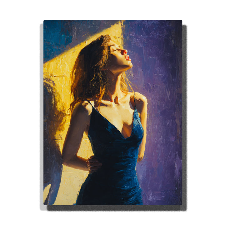 Woman in blue dress standing in golden sunbeam against purple wall with dramatic side-profile pose paint by numbers portrait wall art.