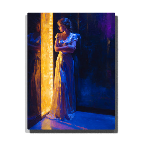 Woman in silver-blue dress beside golden mirror light with reflection, deep blue shadows, and dramatic portrait lighting paint by numbers wall art.