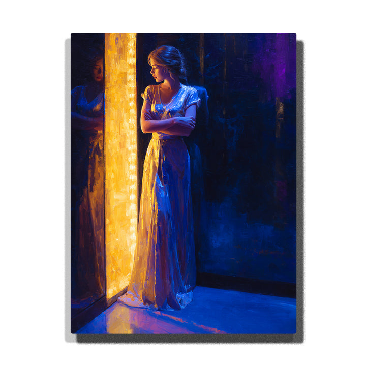 Woman in silver-blue dress beside golden mirror light with reflection, deep blue shadows, and dramatic portrait lighting paint by numbers wall art.