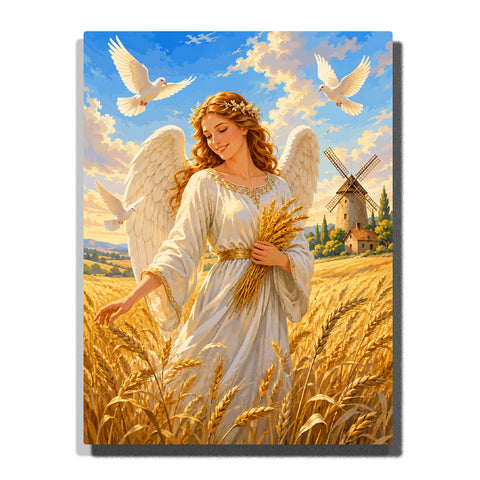 Angel standing in golden wheat field with white wings, golden halo, doves, windmill, countryside landscape and blue sky Paint by Numbers by PaintEasy