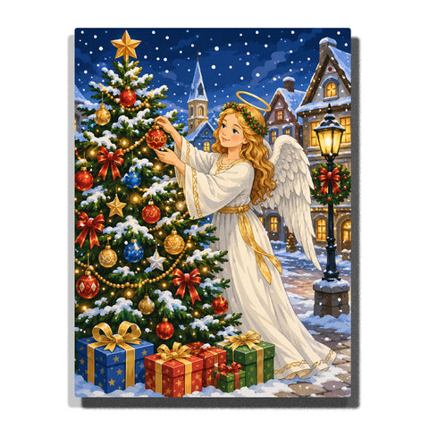 Christmas angel decorating tree with golden halo, white wings, Christmas ornaments, gifts, snowy village, church and winter night scene Paint by Numbers by PaintEasy