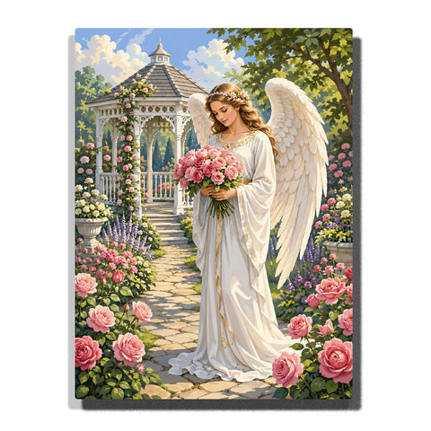 Angel holding rose bouquet in garden with white wings, gazebo, pink flowers, stone pathway and peaceful floral landscape Paint by Numbers by PaintEasy
