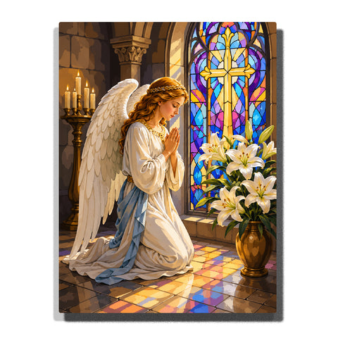Angel praying inside cathedral with white wings, stained glass window, white lilies, candles, stone columns and sacred interior Paint by Numbers by PaintEasy