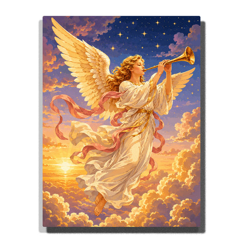 Angel playing golden trumpet above clouds with white wings, flowing robe, stars, sunset sky and celestial landscape Paint by Numbers by PaintEasy