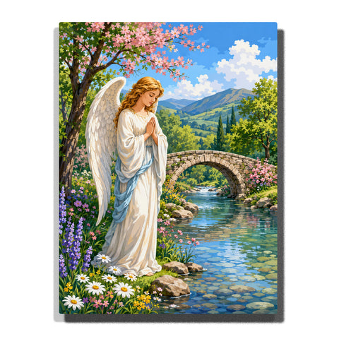 Angel praying beside river garden with white wings, stone bridge, wildflowers, mountains, trees and peaceful countryside landscape Paint by Numbers by PaintEasy