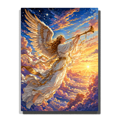 Paint by numbers celestial angel playing a golden trumpet above glowing sunset clouds, featuring majestic white and gold wings, flowing robes, radiant halo, and a star-filled sky.