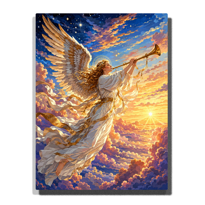 Paint by numbers celestial angel playing a golden trumpet above glowing sunset clouds, featuring majestic white and gold wings, flowing robes, radiant halo, and a star-filled sky.