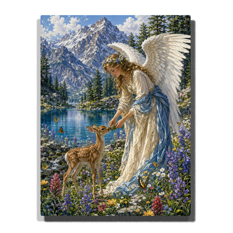 Paint by numbers fantasy angel woman feeding a young deer beside a crystal blue alpine lake, surrounded by colorful wildflowers, butterflies, pine forest, and dramatic snow-capped mountains.