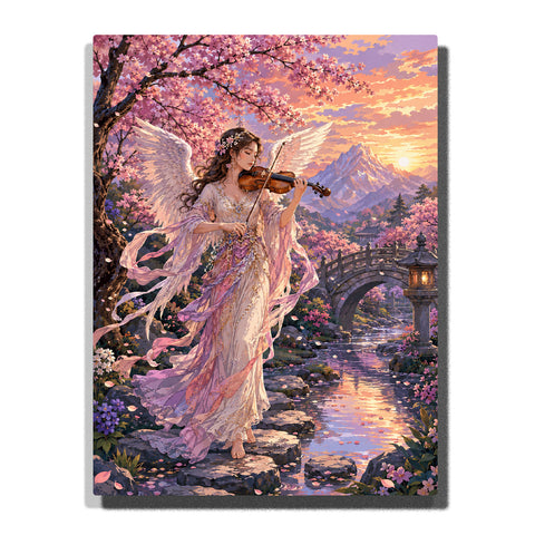 Paint by numbers fantasy angel woman playing violin beneath pink cherry blossoms, surrounded by white wings, a stone bridge, flowing stream, blooming flowers, and glowing mountains at sunset.