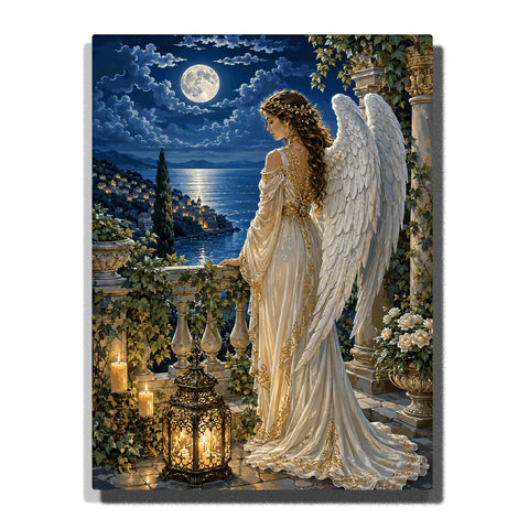 Angel standing on moonlit balcony with white wings, golden lanterns, ocean view, coastal village, candles and night sky Paint by Numbers by PaintEasy