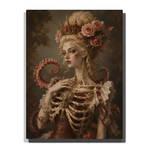 Octopus Queen Gothic Paint by Numbers For Adults featuring crowned woman with exposed skeletal ribcage, curling tentacles, dusty pink roses, lace and antique jewelry