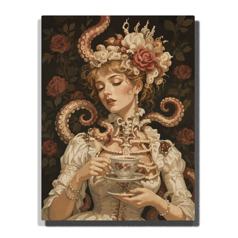 Victorian Woman with Floral Crown, Tentacles and Teacup artwork displayed on a white background