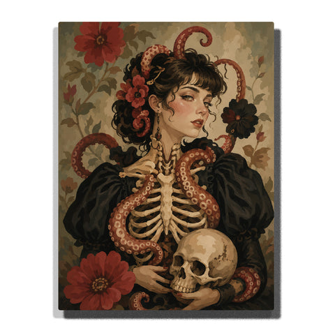 Dark-Haired Gothic Woman with Skull, Ribs and Tentacles artwork displayed on a white background