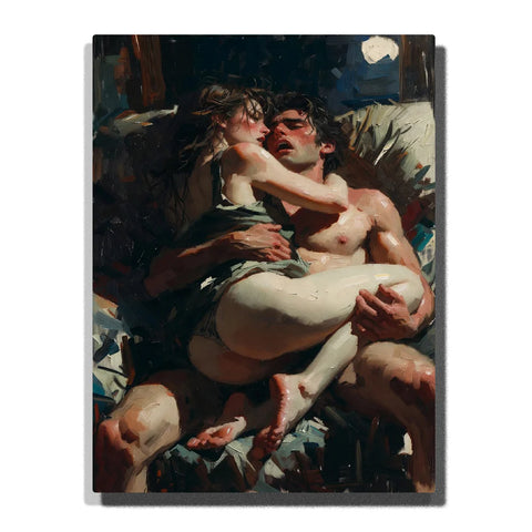 Paint by numbers passionate couple embracing on a bed, featuring expressive painterly brushstrokes, dramatic shadows, and an intimate romantic atmosphere.