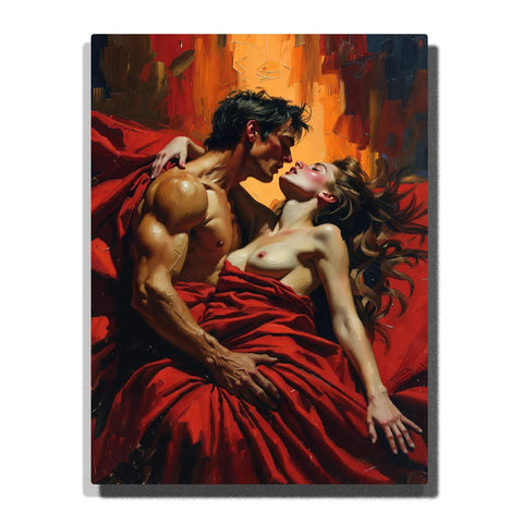 Paint by numbers passionate couple embracing beneath flowing red fabric, featuring dramatic warm lighting, expressive brushstrokes, and an intense romantic atmosphere.