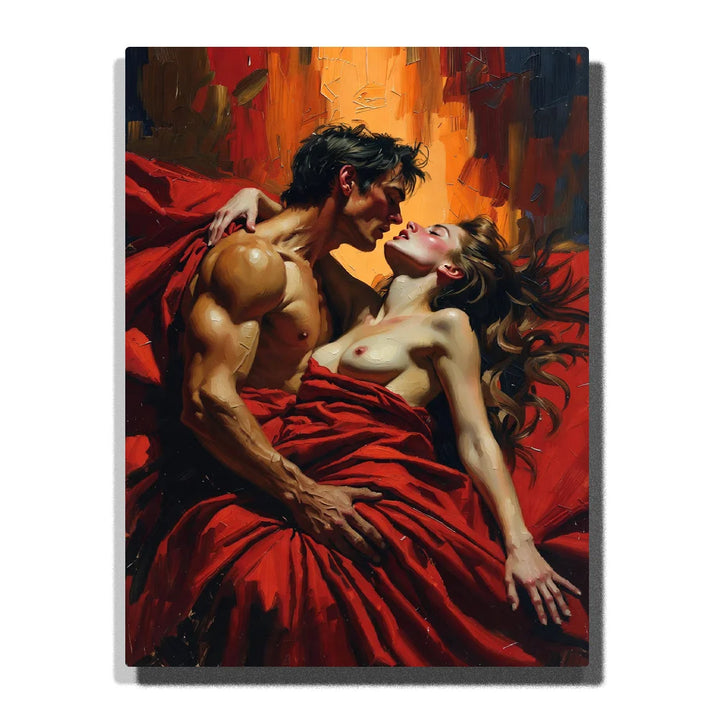 Paint by numbers passionate couple embracing beneath flowing red fabric, featuring dramatic warm lighting, expressive brushstrokes, and an intense romantic atmosphere.