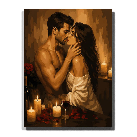 Paint by numbers passionate couple embracing by candlelight, featuring a shirtless man and woman wrapped in white fabric, surrounded by glowing candles, red rose petals, and a glass of wine.