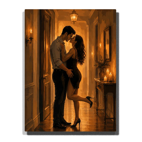 Paint by numbers romantic couple embracing in a dim candlelit hallway, surrounded by warm golden light, dark wooden doors, and an intimate evening atmosphere.