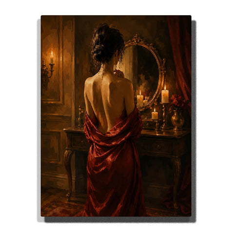 Paint by numbers elegant woman draped in a flowing red gown standing before an ornate vintage mirror, surrounded by glowing candles in a dark romantic interior.