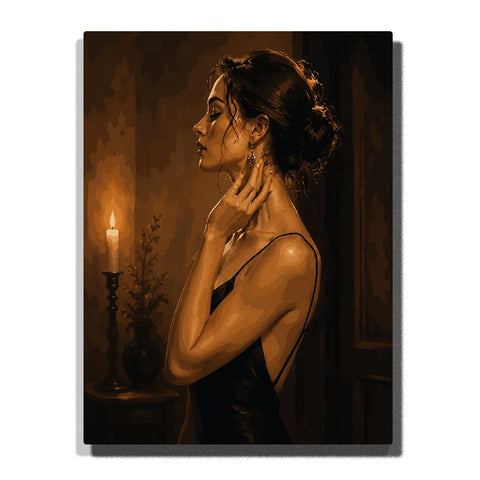 Paint by numbers elegant woman in a black backless dress posing in profile by candlelight, featuring a graceful updo and warm golden vintage atmosphere.